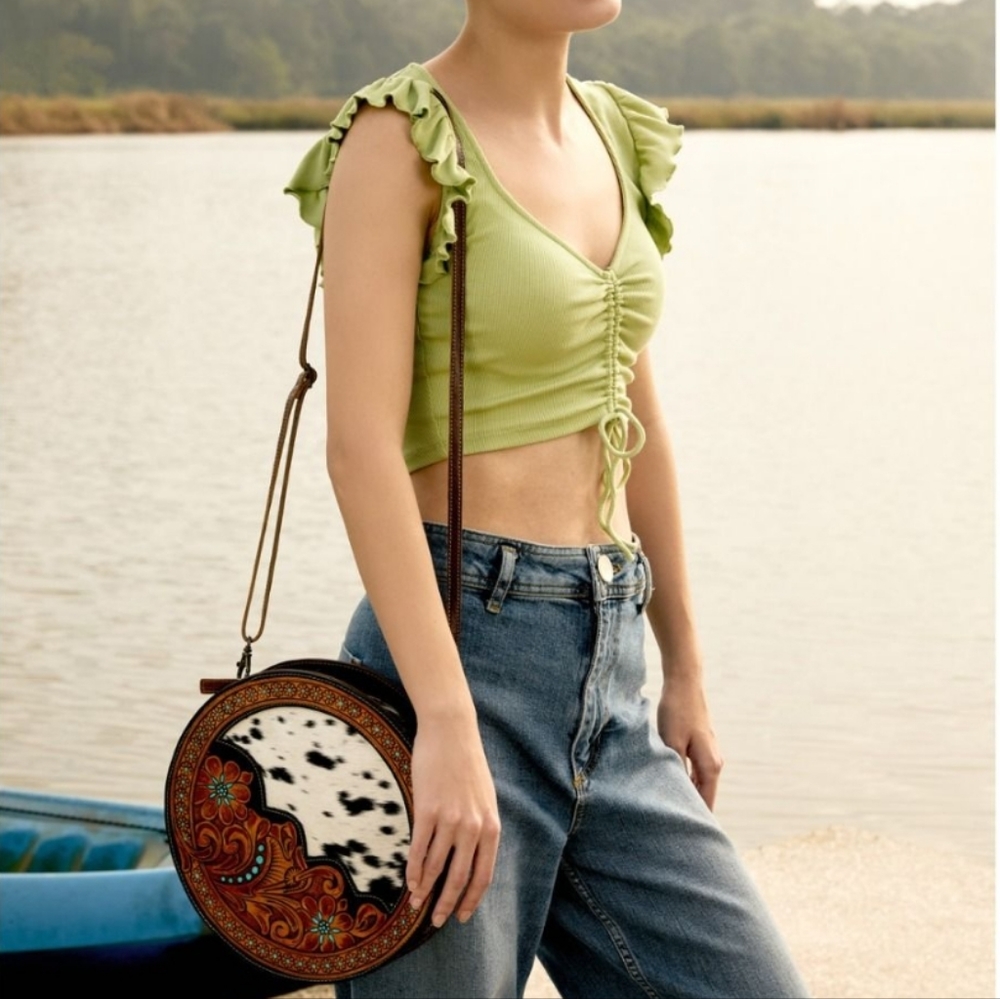 NWT Myra Bag Round Leather Hairon Cowhide Tooled Crossbody Shoulder Bag - Picture 2 of 13